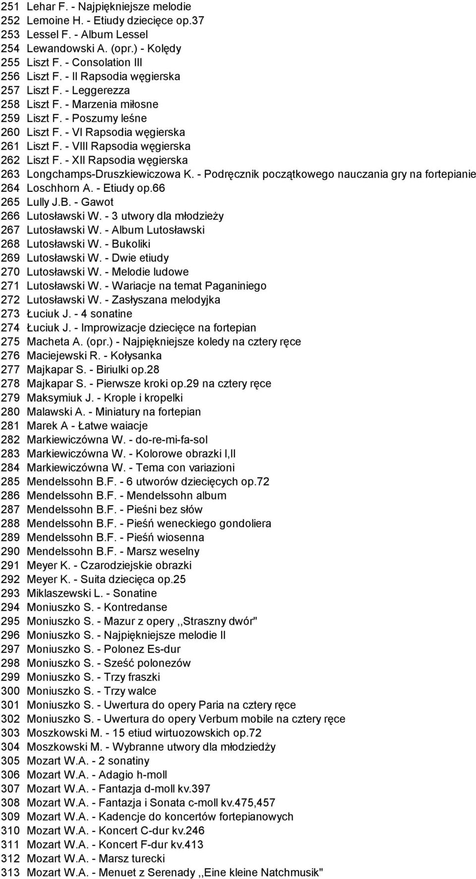 - XII Rapsodia węgierska 263 Longchamps-Druszkiewiczowa K. - Podręcznik początkowego nauczania gry na fortepianie 264 Loschhorn A. - Etiudy op.66 265 Lully J.B. - Gawot 266 Lutosławski W.