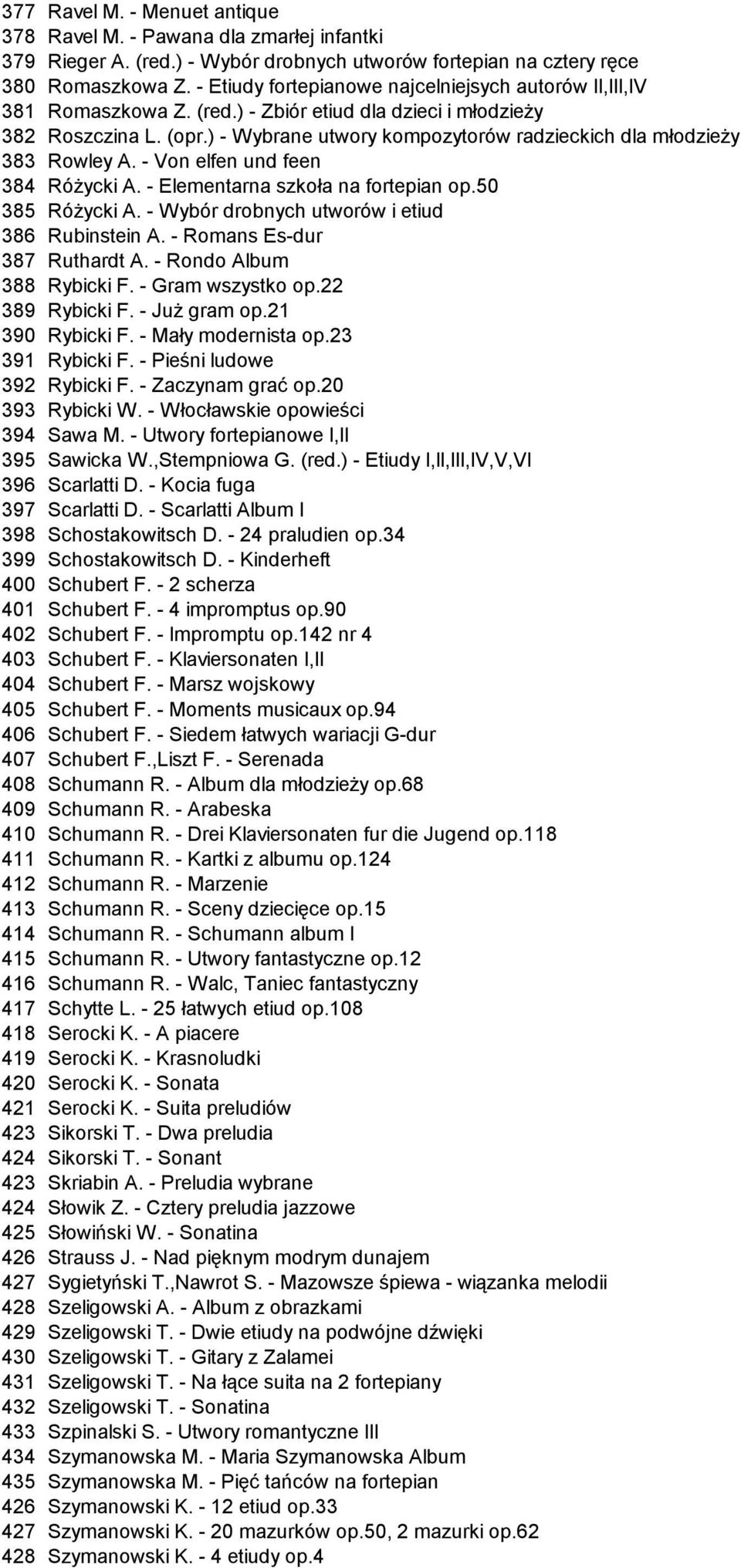 ) - Wybrane utwory kompozytorów radzieckich dla młodzieży 383 Rowley A. - Von elfen und feen 384 Różycki A. - Elementarna szkoła na fortepian op.50 385 Różycki A.