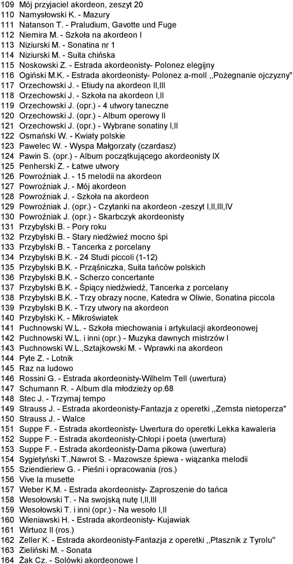 - Etiudy na akordeon II,III 118 Orzechowski J. - Szkoła na akordeon I,II 119 Orzechowski J. (opr.) - 4 utwory taneczne 120 Orzechowski J. (opr.) - Album operowy II 121 Orzechowski J. (opr.) - Wybrane sonatiny I,II 122 Osmański W.