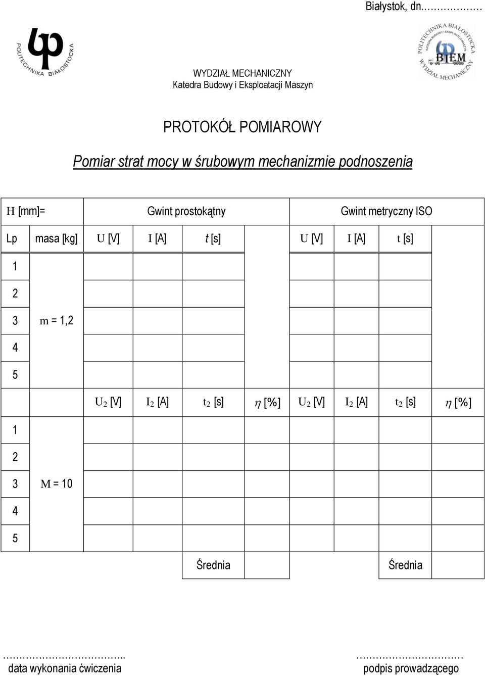 śrubowym mechanizmie podnoszenia H [mm]= Gwint prostokątny Gwint metryczny ISO Lp masa [kg] U [V]