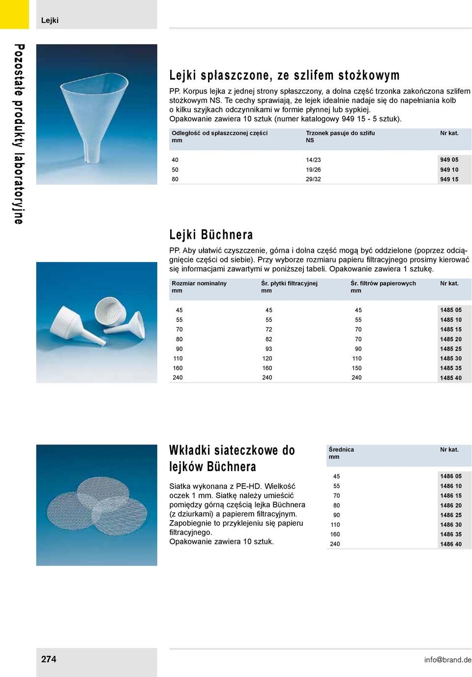 Odległość od spłaszczonej części Trzonek pasuje do szlifu NS 40 14/23 949 05 50 19/26 949 10 80 29/32 949 15 Lejki Büchnera PP.