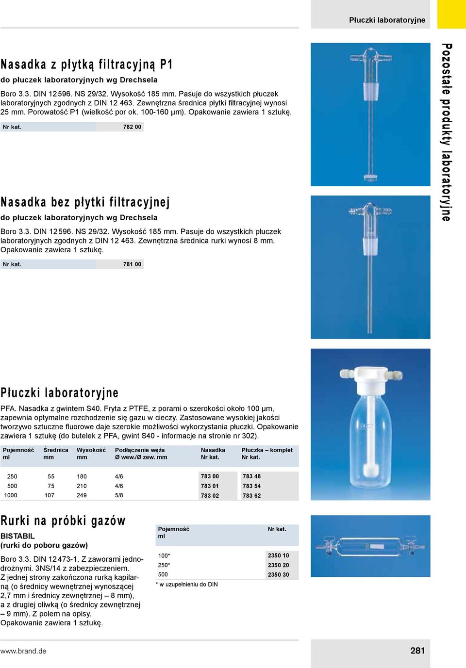 NS 29/32. 185. Pasuje do wszystkich płuczek laboratoryjnych zgodnych z DIN 12 463. Zewnętrzna średnica rurki wynosi 8. 781 00 Płuczki laboratoryjne PFA. Nasadka z gwintem S40.