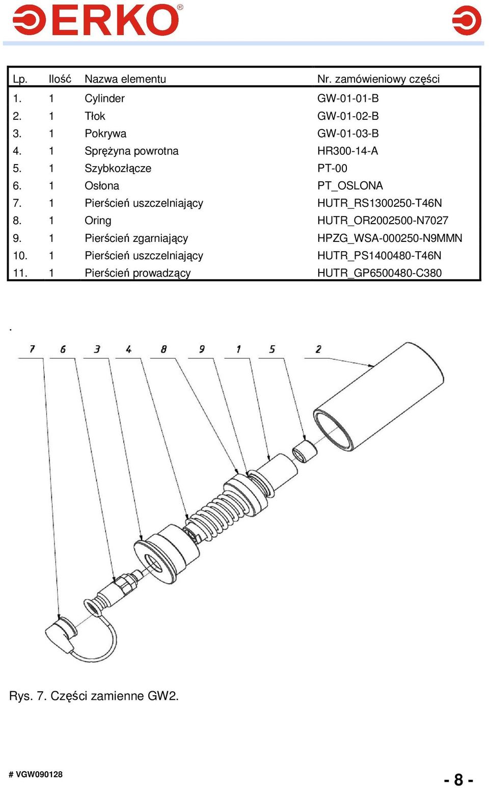 1 Pierścień uszczelniający HUTR_RS1300250-T46N 8. 1 Oring HUTR_OR2002500-N7027 9.