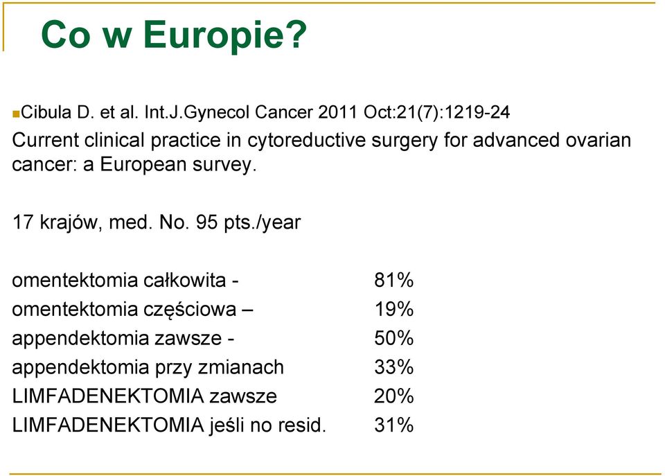 advanced ovarian cancer: a European survey. 17 krajów, med. No. 95 pts.