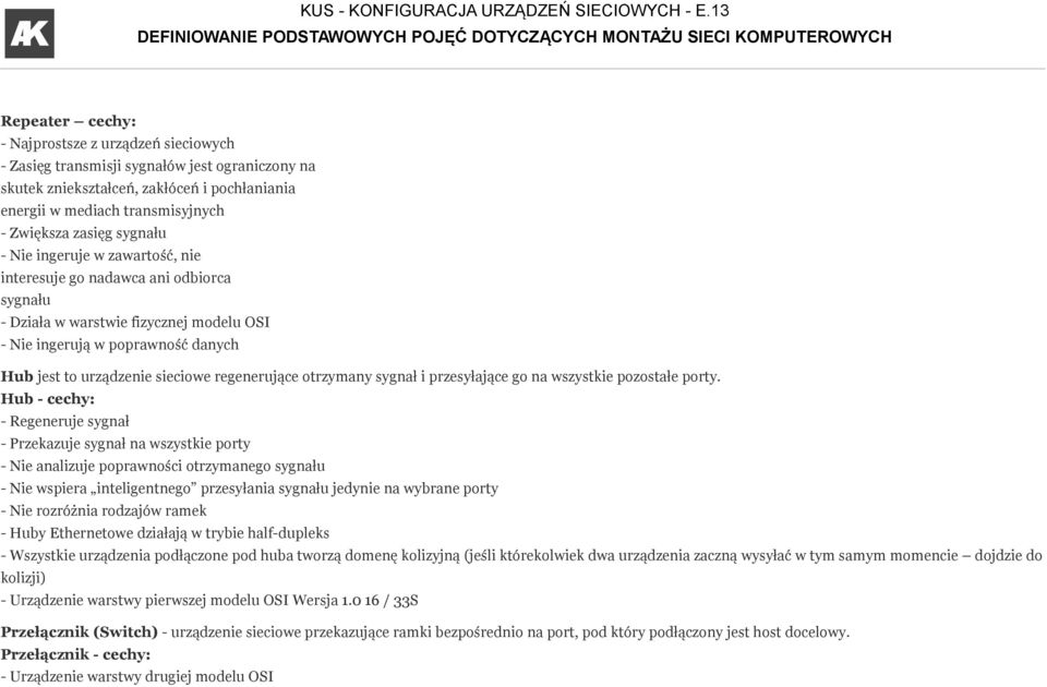 regenerujące otrzymany sygnał i przesyłające go na wszystkie pozostałe porty.