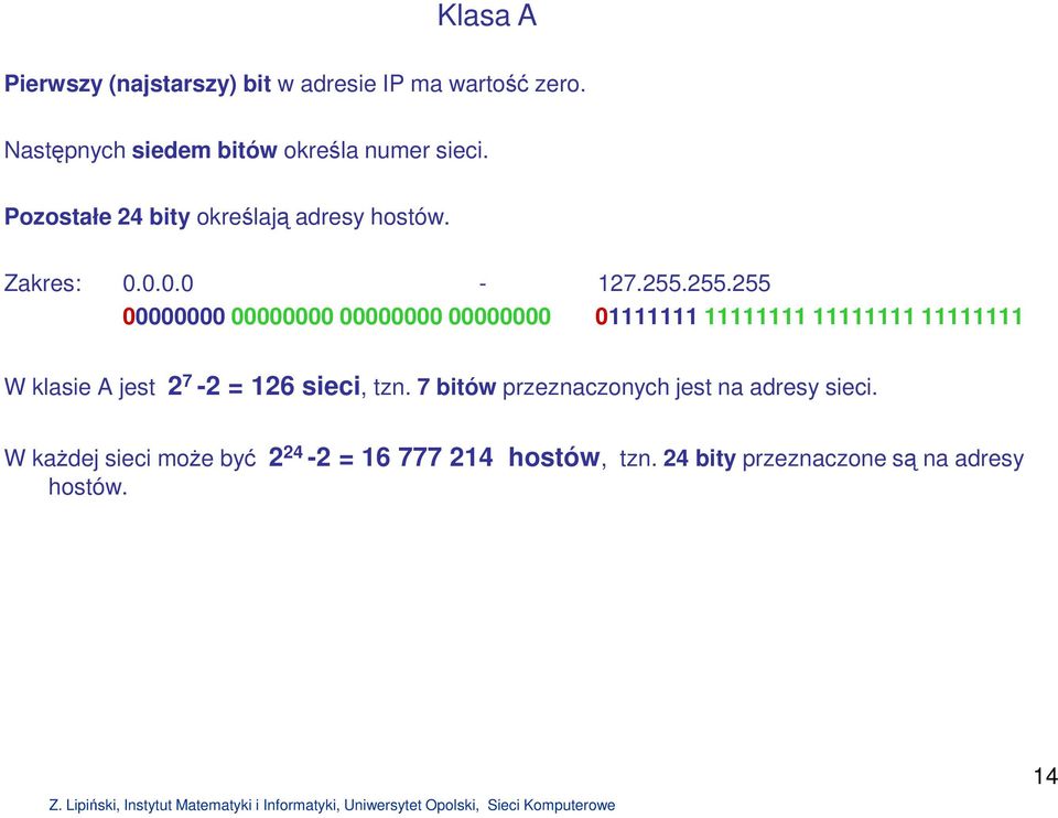 255.255 00000000 00000000 00000000 00000000 01111111 11111111 11111111 11111111 W klasie A jest 2 7-2 = 126