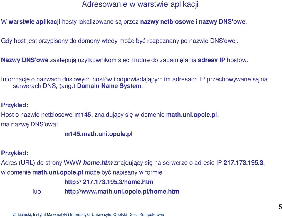 Informacje o nazwach dns'owych hostów i odpowiadającym im adresach IP przechowywane są na serwerach DNS, (ang.) Domain Name System.