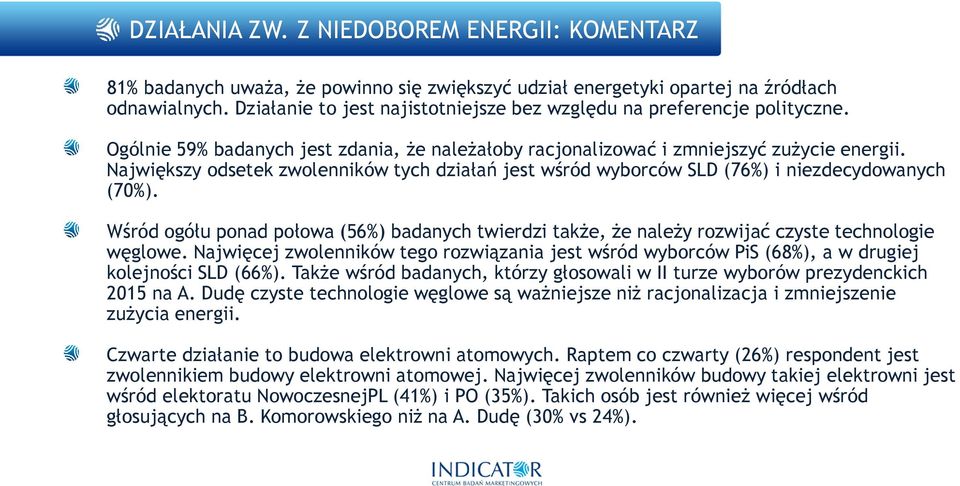 Największy odsetek zwolenników tych działań jest wśród wyborców SLD (7) i niezdecydowanych (70%). Wśród ogółu ponad połowa (5) badanych twierdzi także, że należy rozwijać czyste technologie węglowe.