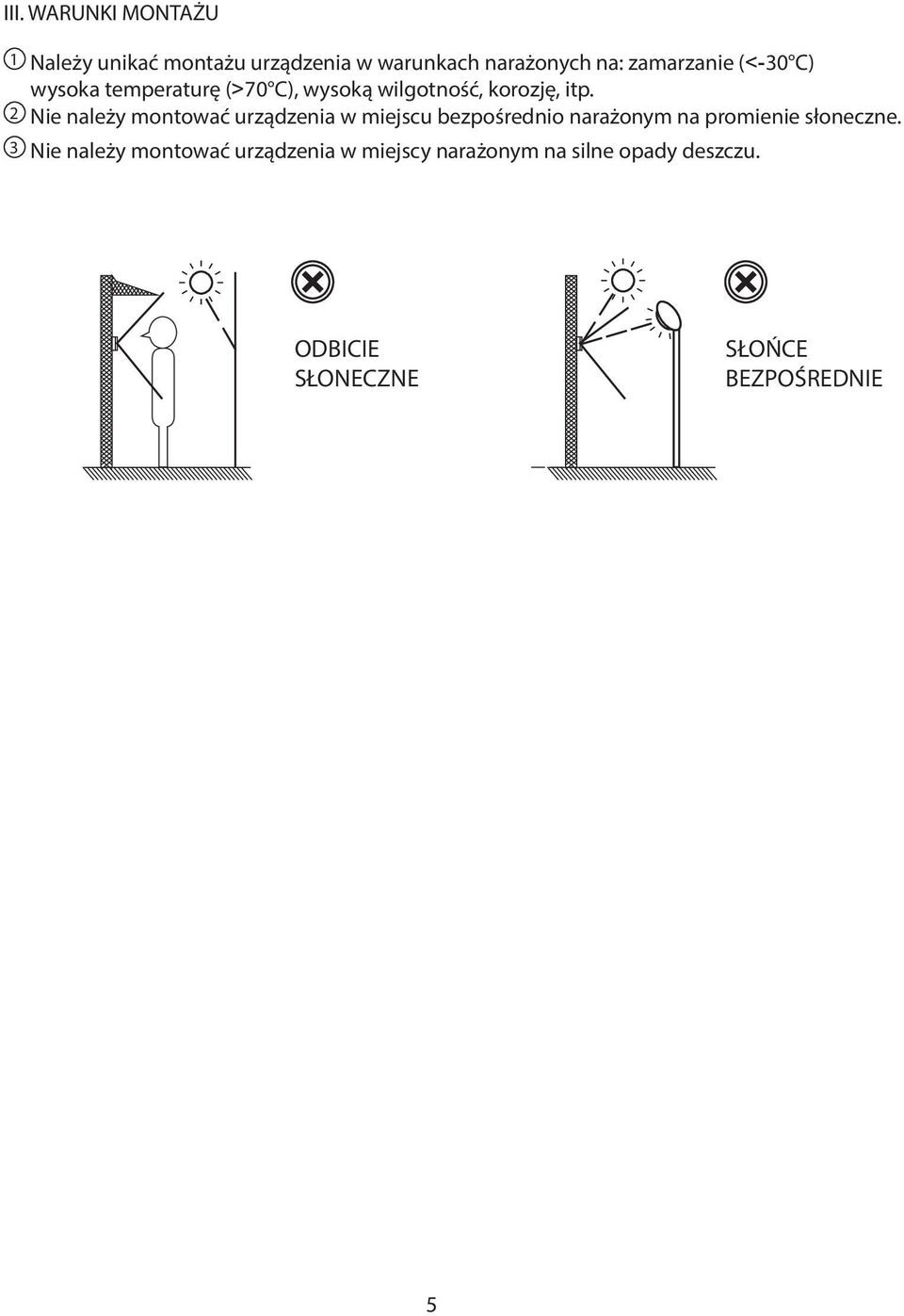2 Nie należy montować urządzenia w miejscu bezpośrednio narażonym na promienie.słoneczne.