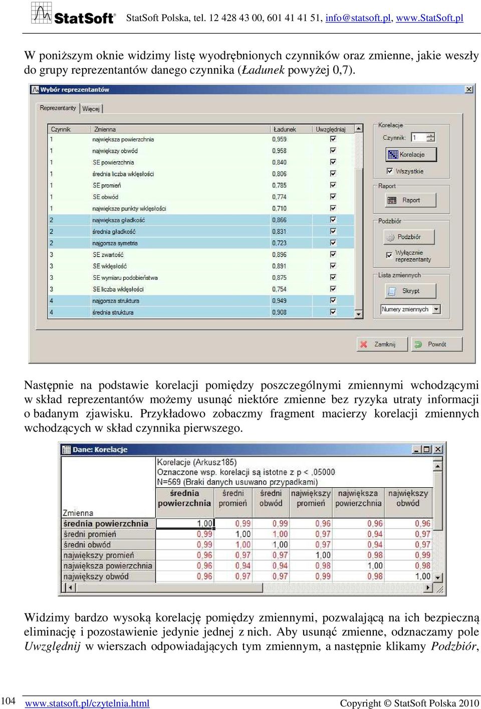 Przykładowo zobaczmy fragment macierzy korelacji zmiennych wchodzących w skład czynnika pierwszego.