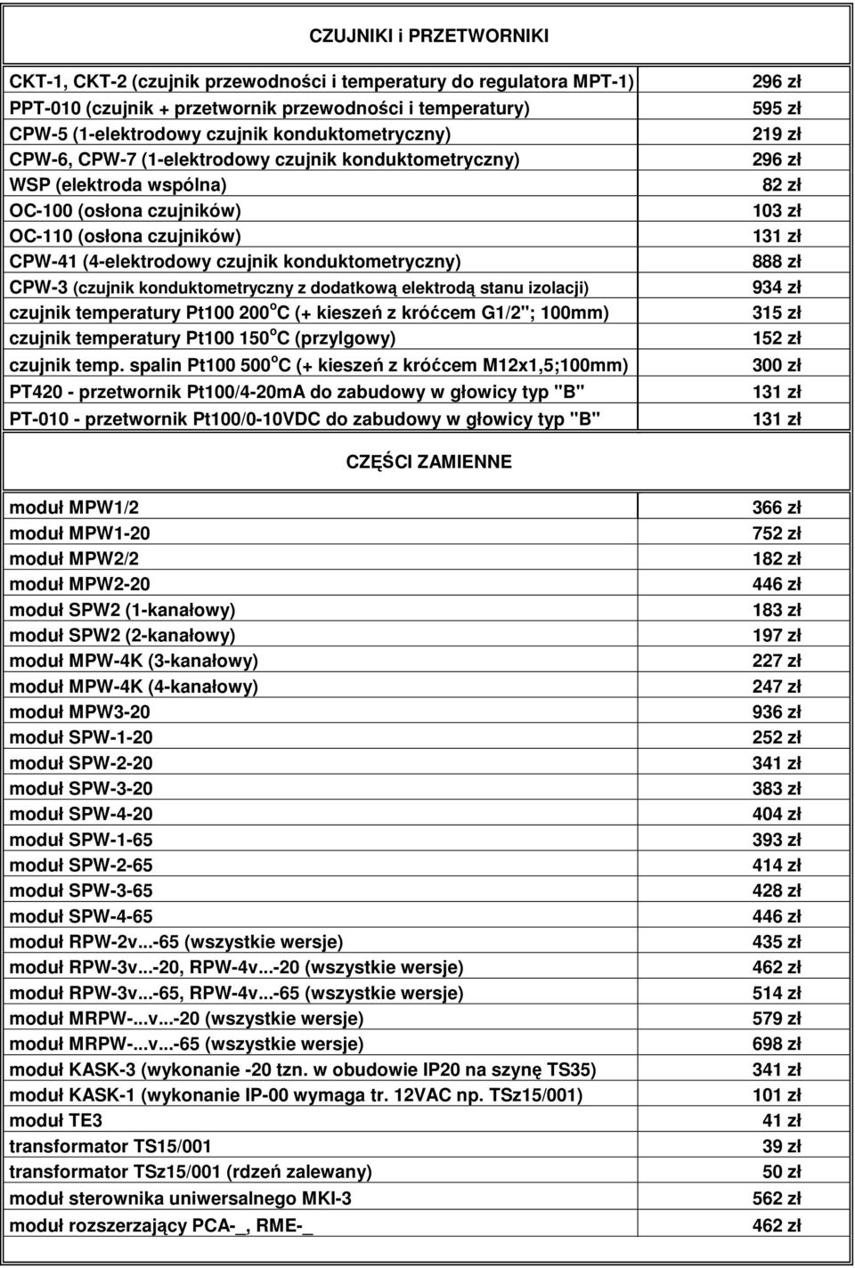 CPW-3 (czujnik konduktometryczny z dodatkową elektrodą stanu izolacji) czujnik temperatury Pt100 200 o C (+ kieszeń z króćcem G1/2"; 100mm) czujnik temperatury Pt100 150 o C (przylgowy) czujnik temp.