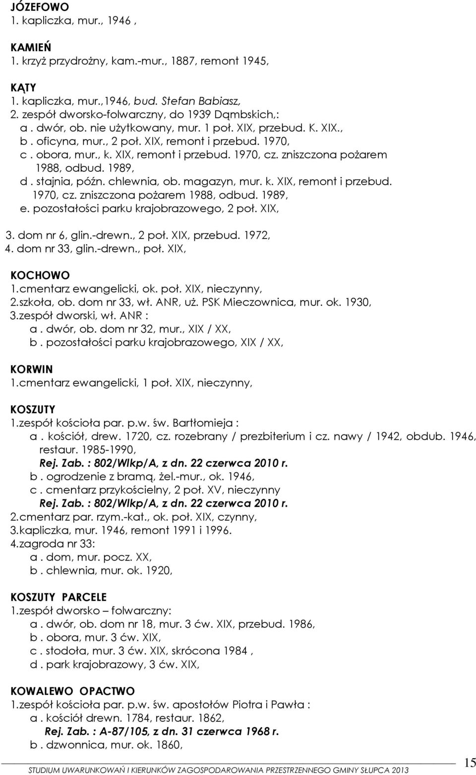 1989, d. stajnia, późn. chlewnia, ob. magazyn, mur. k. XIX, remont i przebud. 1970, cz. zniszczona pożarem 1988, odbud. 1989, e. pozostałości parku krajobrazowego, 2 poł. XIX, 3. dom nr 6, glin.drewn.