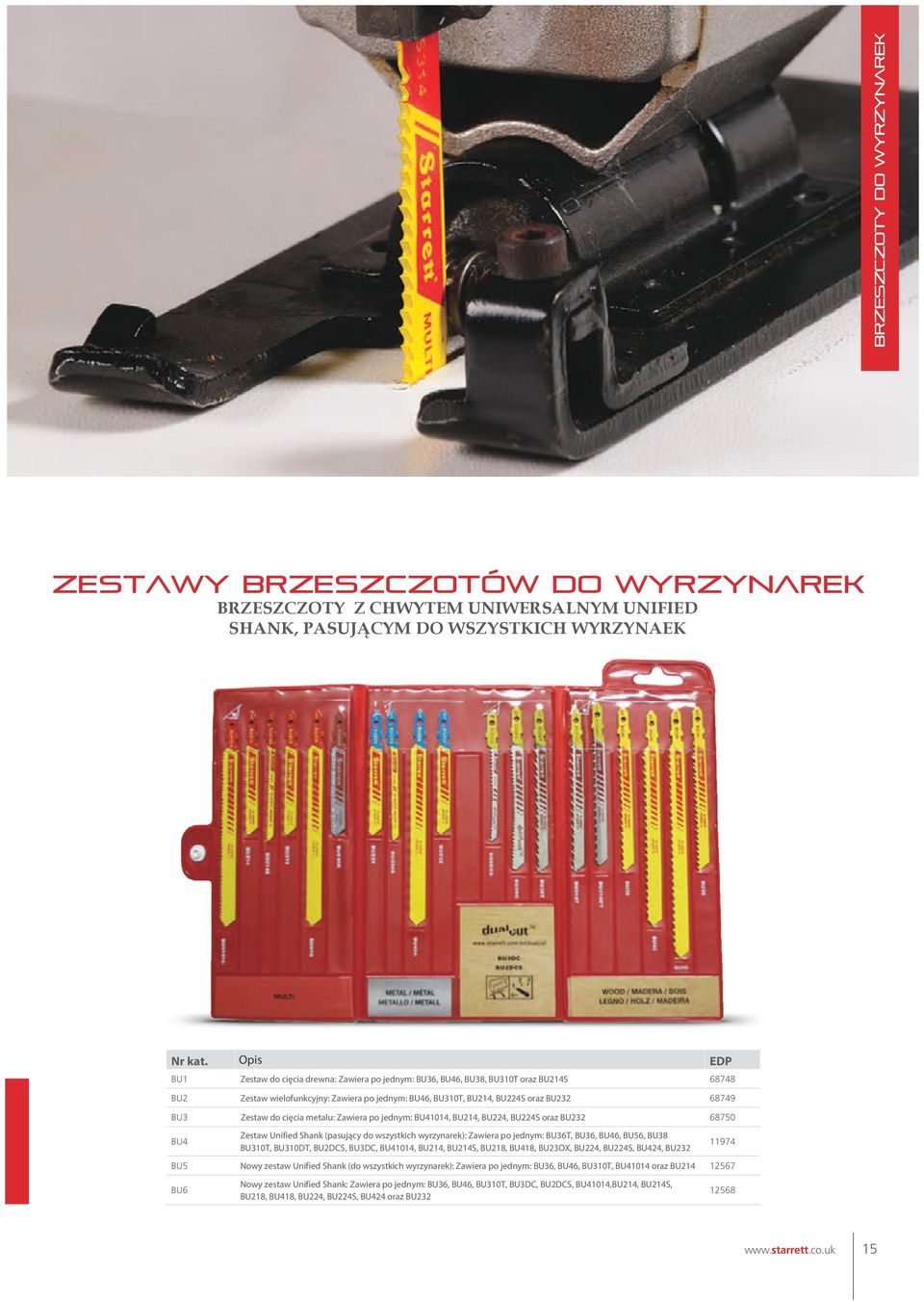 BU224S oraz BU232 68750 BU4 Zestaw Unified Shank (pasujący do wszystkich wyrzynarek): Zawiera po jednym: BU36T, BU36, BU46, BU56, BU38 BU310T, BU310DT, BU2DCS, BU3DC, BU41014, BU214, BU214S, BU218,