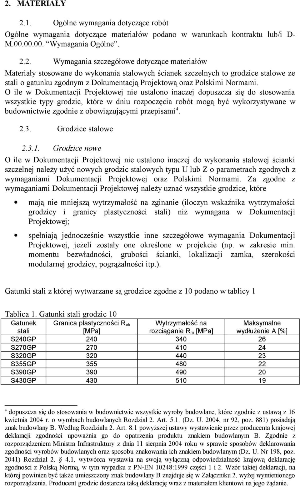 O ile w Dokumentacji Projektowej nie ustalono inaczej dopuszcza się do stosowania wszystkie typy grodzic, które w dniu rozpoczęcia robót mogą być wykorzystywane w budownictwie zgodnie z