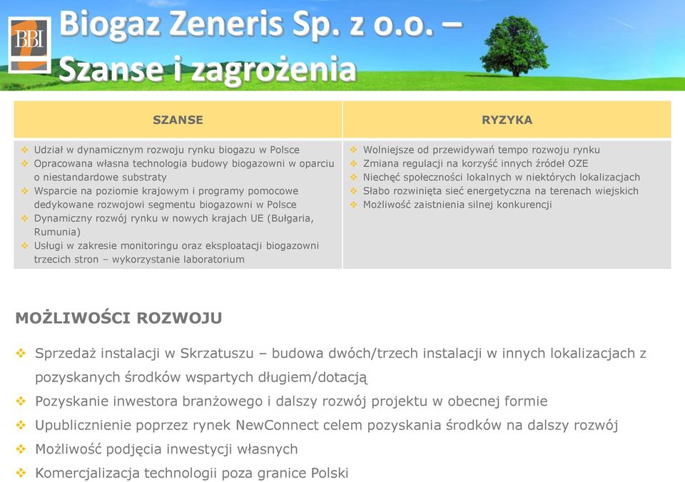 eksploatacji biogazowni trzecich stron wykorzystanie laboratorium Wolniejsze od przewidywań tempo rozwoju rynku Zmiana regulacji na korzyść innych źródeł OZE Niechęć społeczności lokalnych w