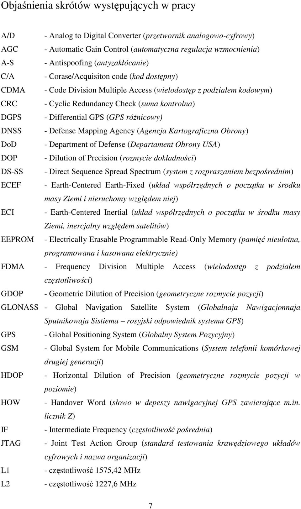 GPS (GPS róŝnicowy) DNSS - Defense Mapping Agency (Agencja Kartograficzna Obrony) DoD - Department of Defense (Departament Obrony USA) DOP - Dilution of Precision (rozmycie dokładności) DS-SS -