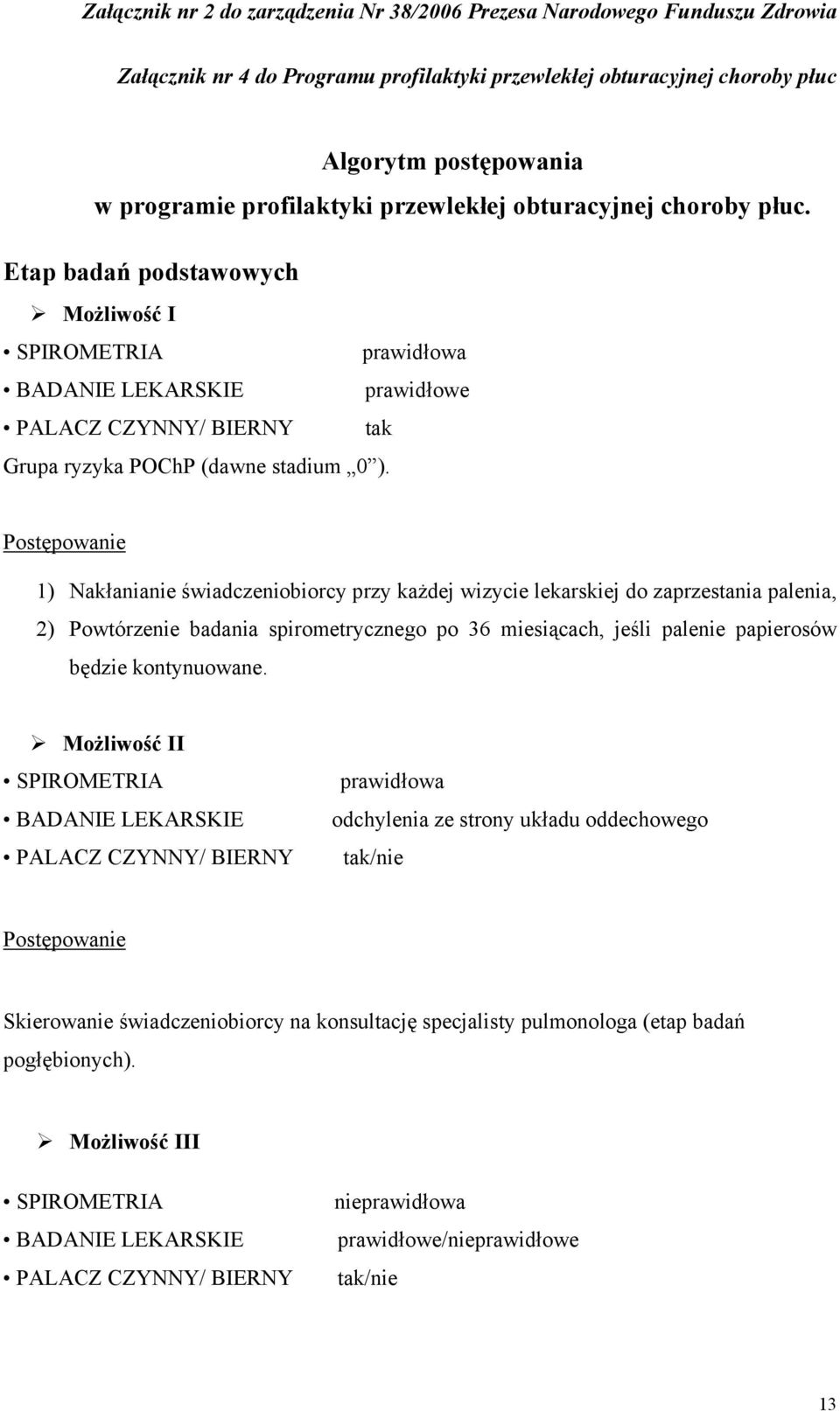 Postępowanie 1) Nakłanianie świadczeniobiorcy przy każdej wizycie lekarskiej do zaprzestania palenia, 2) Powtórzenie badania spirometrycznego po 36 miesiącach, jeśli palenie papierosów będzie