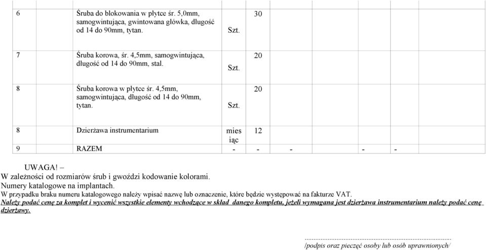 W zależności od rozmiarów śrub i gwoździ kodowanie kolorami. Numery katalogowe na implantach.