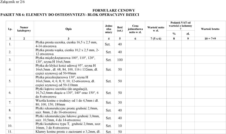 Płytka prosta wąska, cienka 10,2 x 2,5 mm, 2-12 otworowa Szt. 40 3. Płytka międzykrętarzowa 100, 110, 120, 130, szyna H 16x6,5mm Szt. 100 4. Płytka do kłykci kości udowej 95, szyna H 16x6,5mm, dł.