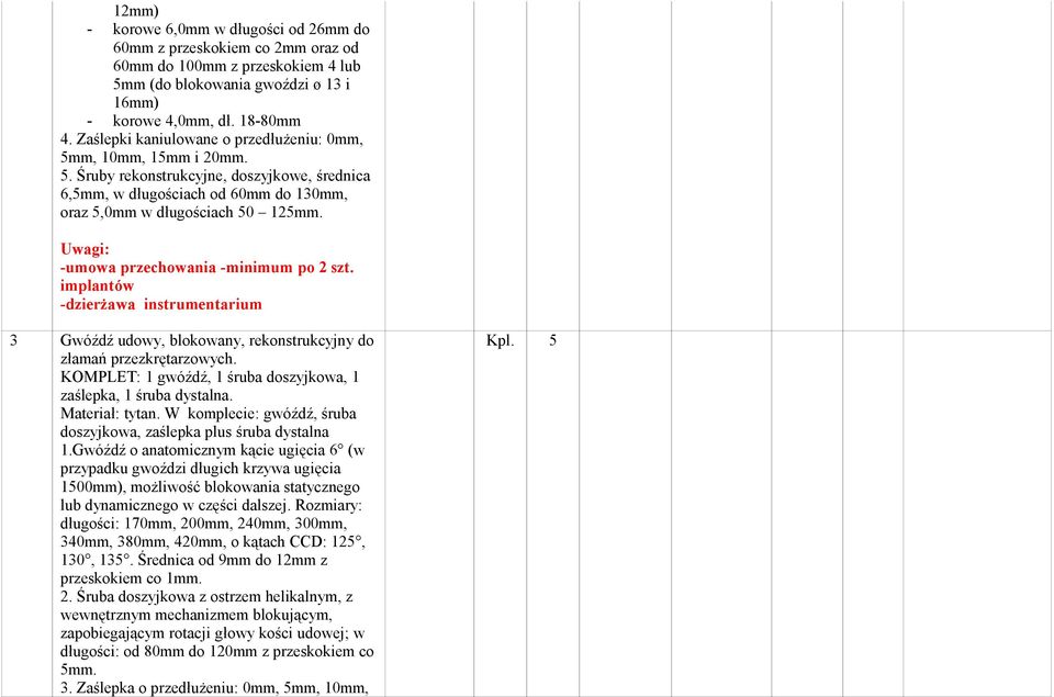 Uwagi: -umowa przechowania -minimum po 2 szt. implantów -dzierżawa instrumentarium 3 Gwóźdź udowy, blokowany, rekonstrukcyjny do złamań przezkrętarzowych.