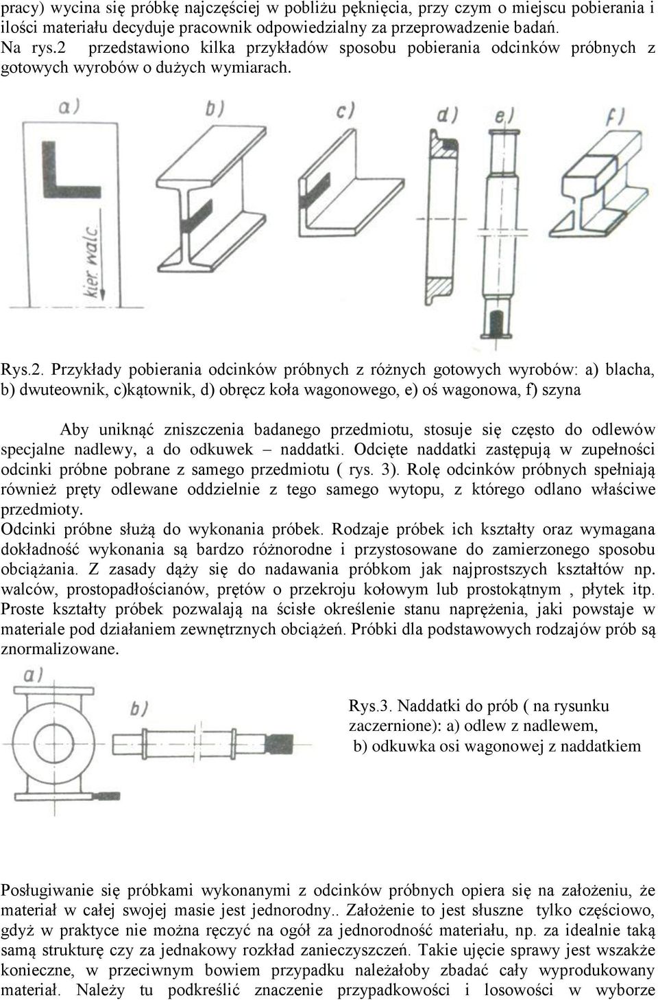 dwuteownik, c)kątownik, d) obręcz koła wagonowego, e) oś wagonowa, f) szyna Aby uniknąć zniszczenia badanego przedmiotu, stosuje się często do odlewów specjalne nadlewy, a do odkuwek naddatki.