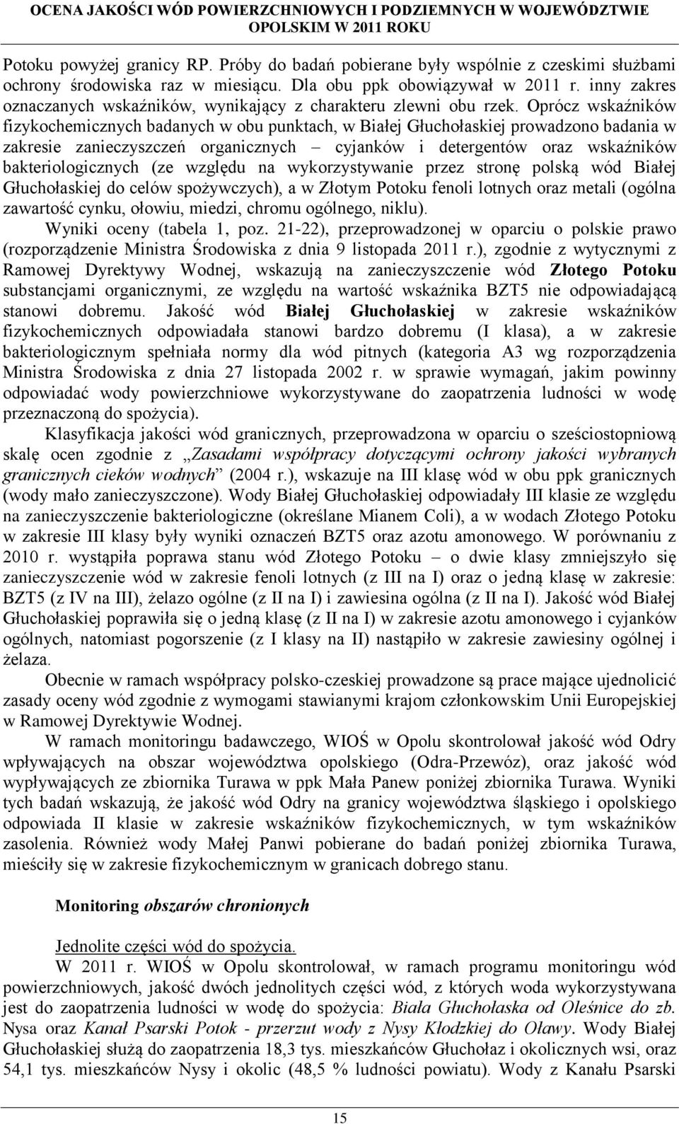 Oprócz wskaźników fizykochemicznych badanych w obu punktach, w Białej Głuchołaskiej prowadzono badania w zakresie zanieczyszczeń organicznych cyjanków i detergentów oraz wskaźników bakteriologicznych