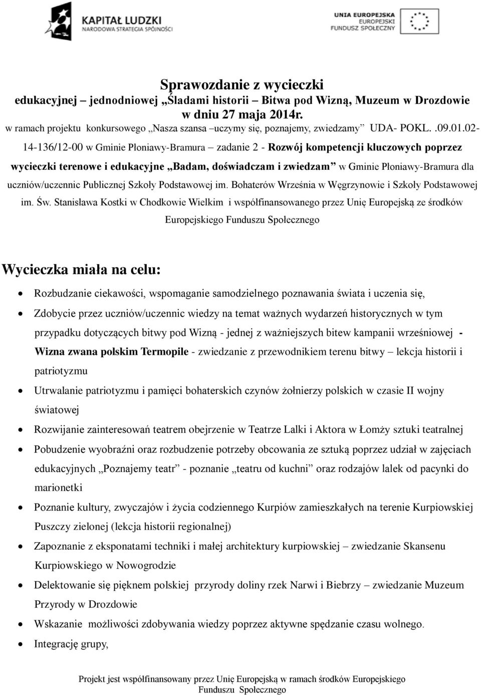 02-14-136/12-00 w Gminie Płoniawy-Bramura zadanie 2 - Rozwój kompetencji kluczowych poprzez wycieczki terenowe i edukacyjne Badam, doświadczam i zwiedzam w Gminie Płoniawy-Bramura dla