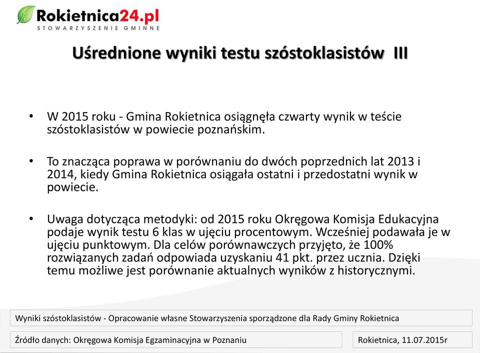 Uwaga dotycząca metodyki: od 2015 roku Okręgowa Komisja Edukacyjna podaje wynik testu 6 klas w ujęciu procentowym. Wcześniej podawała je w ujęciu punktowym.