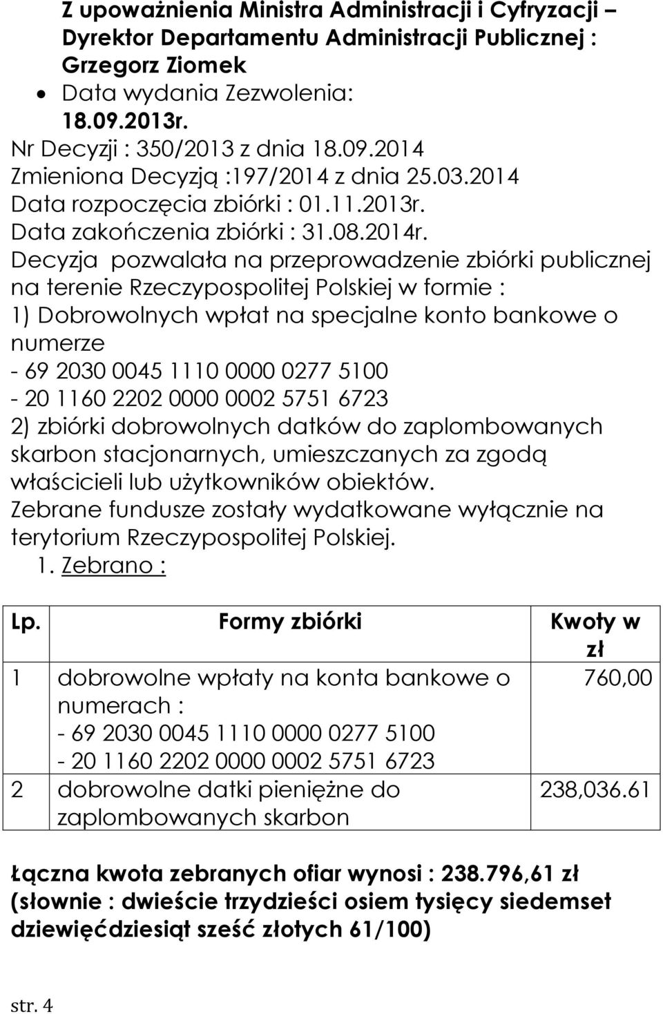 Decyzja pozwalała na przeprowadzenie zbiórki publicznej na terenie Rzeczypospolitej Polskiej w formie : 1) Dobrowolnych wpłat na specjalne konto bankowe o numerze - 69 2030 0045 1110 0000 0277