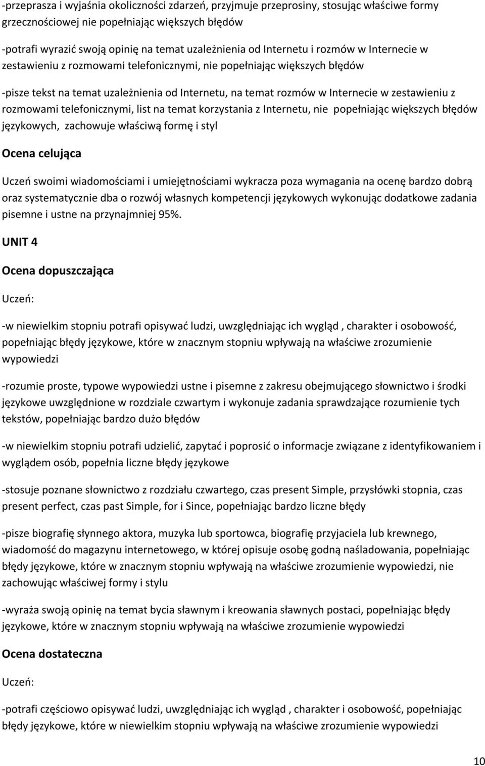 z rozmowami telefonicznymi, list na temat korzystania z Internetu, nie popełniając większych błędów językowych, zachowuje właściwą formę i styl Ocena celująca Uczeń swoimi wiadomościami i