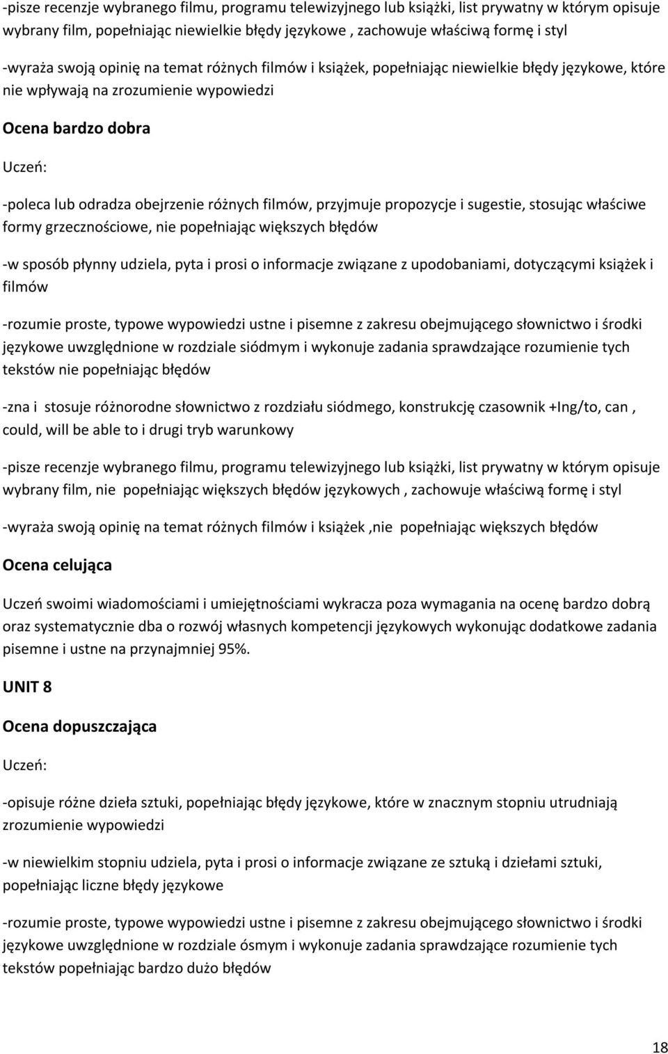 przyjmuje propozycje i sugestie, stosując właściwe formy grzecznościowe, nie popełniając większych błędów -w sposób płynny udziela, pyta i prosi o informacje związane z upodobaniami, dotyczącymi