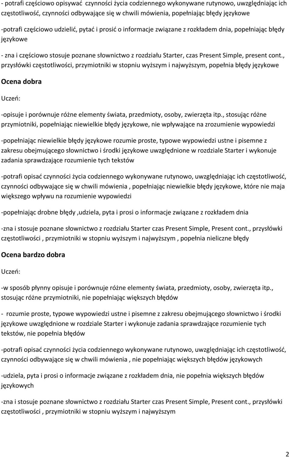 cont., przysłówki częstotliwości, przymiotniki w stopniu wyższym i najwyższym, popełnia błędy językowe Ocena dobra -opisuje i porównuje różne elementy świata, przedmioty, osoby, zwierzęta itp.