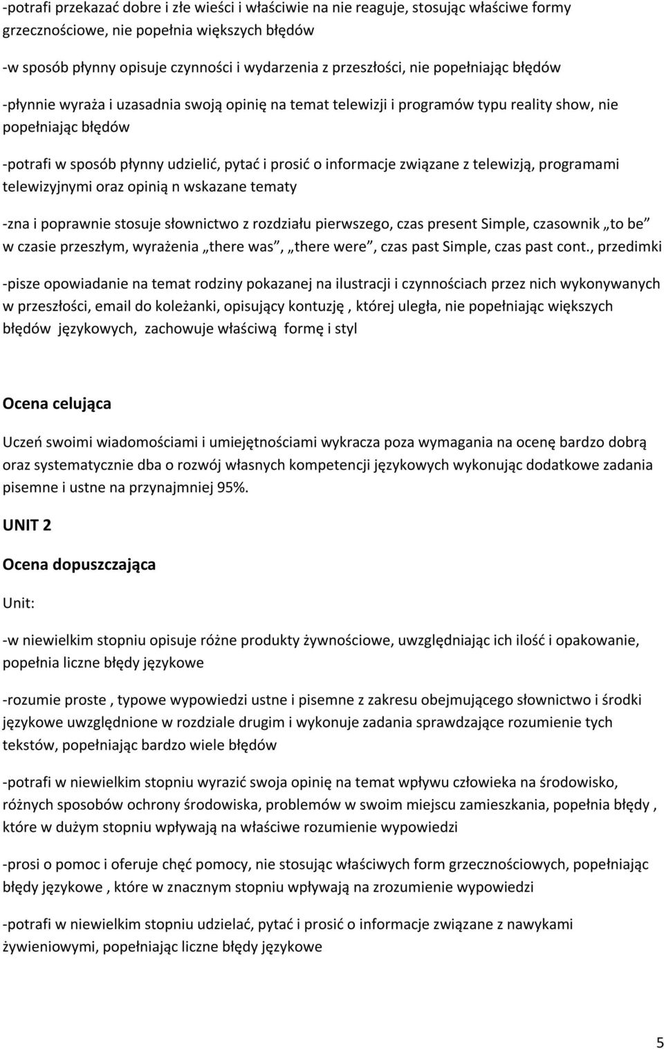 związane z telewizją, programami telewizyjnymi oraz opinią n wskazane tematy -zna i poprawnie stosuje słownictwo z rozdziału pierwszego, czas present Simple, czasownik to be w czasie przeszłym,