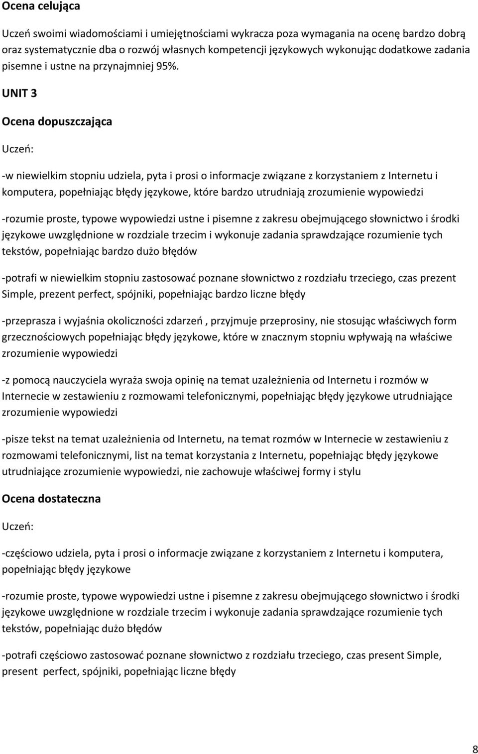 UNIT 3 Ocena dopuszczająca -w niewielkim stopniu udziela, pyta i prosi o informacje związane z korzystaniem z Internetu i komputera, popełniając błędy językowe, które bardzo utrudniają zrozumienie