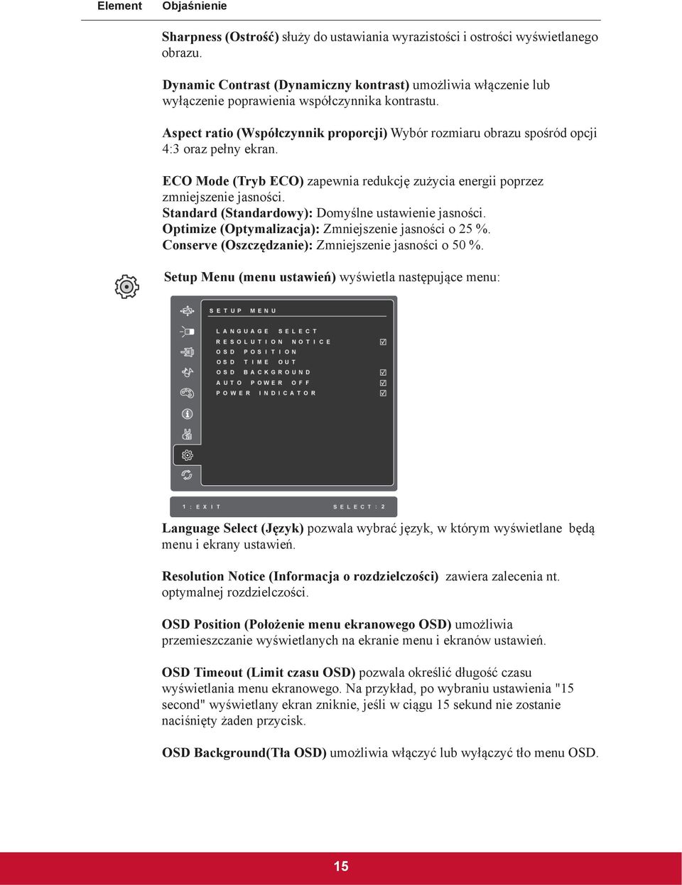 Aspect ratio (Wspó czynnik proporcji) Wybór rozmiaru obrazu spo ród opcji 4:3 oraz pe ny ekran. ECO Mode (Tryb ECO) zapewnia redukcj zu ycia energii poprzez zmniejszenie jasno ci.