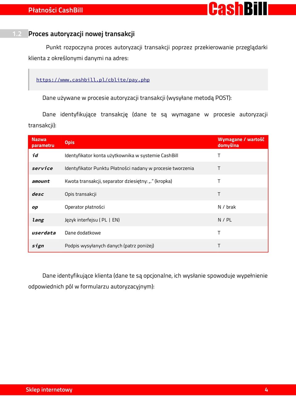 domyślna id Identyfikator konta użytkownika w systemie CashBill T service Identyfikator Punktu Płatności nadany w procesie tworzenia T amount Kwota transakcji, separator dziesiętny:.