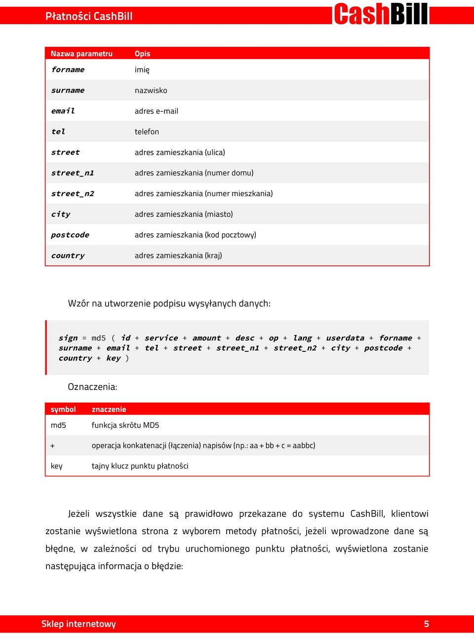 amount + desc + op + lang + userdata + forname + surname + email + tel + street + street_n1 + street_n2 + city + postcode + country + key ) Oznaczenia: symbol md5 znaczenie funkcja skrótu MD5 +