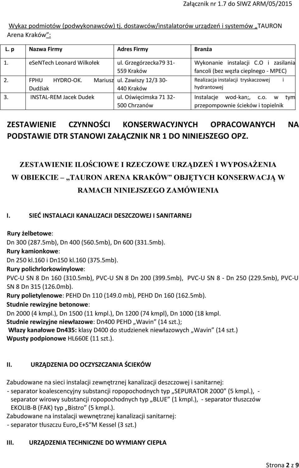 Oświęcimska 1 32-500 Chrzanów Wykonanie instalacji C.O i zasilania fancoli (bez węzła cieplnego - MPEC) Realizacja instalacji tryskaczowej hydrantowej Instalacje wod-kan;, c.o. w tym przepompownie ścieków i topielnik i ZESTAWIENIE CZYNNOŚCI KONSERWACYJNYCH OPRACOWANYCH NA PODSTAWIE DTR STANOWI ZAŁĄCZNIK NR 1 DO NINIEJSZEGO OPZ.