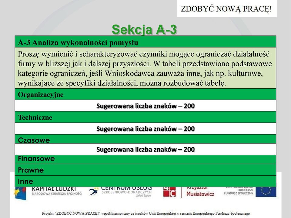 W tabeli przedstawiono podstawowe kategorie ograniczeń, jeśli Wnioskodawca zauważa inne, jak np.