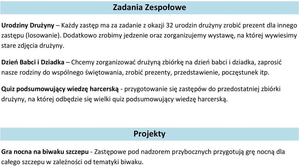 Dzień Babci i Dziadka Chcemy zorganizować drużyną zbiórkę na dzień babci i dziadka, zaprosić nasze rodziny do wspólnego świętowania, zrobić prezenty, przedstawienie, poczęstunek itp.