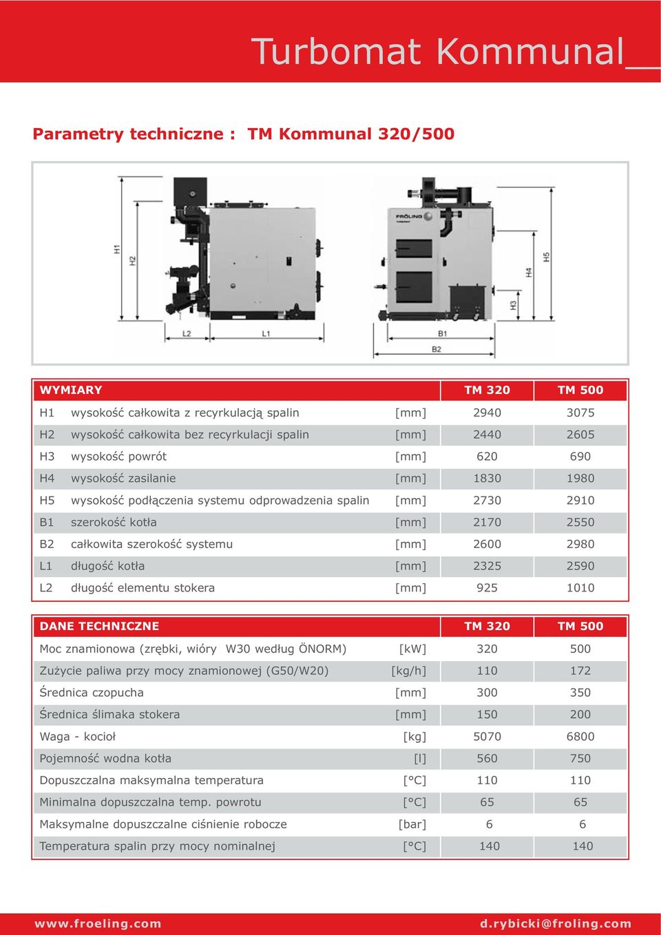 systemu [mm] 2600 2980 L1 długość kotła [mm] 2325 2590 L2 długość elementu stokera [mm] 925 1010 DANE TECHNICZNE TM 320 TM 500 Moc znamionowa (zrębki, wióry W30 według ÖNORM) [kw] 320 500 Zużycie