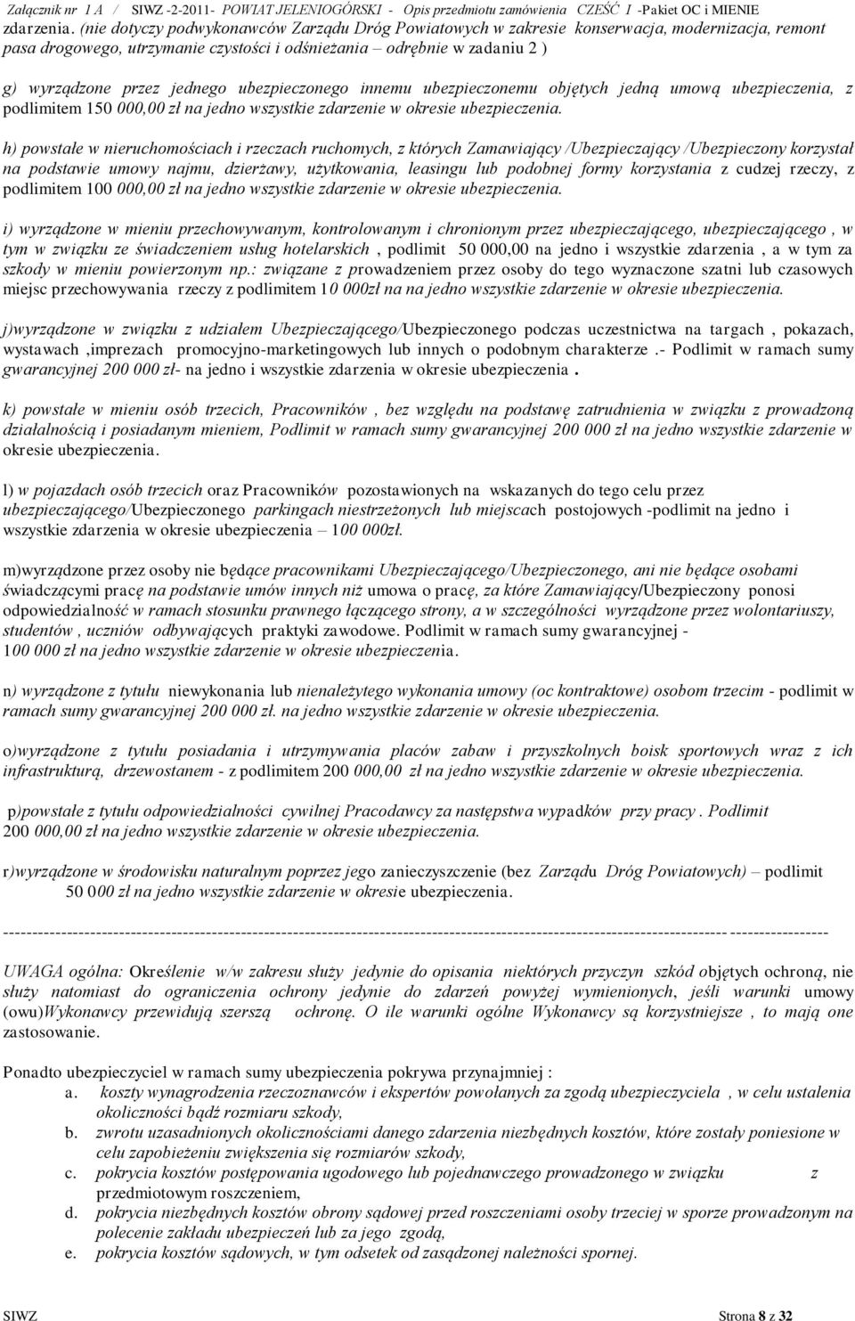 ubezpieczonego innemu ubezpieczonemu objętych jedną umową ubezpieczenia, z podlimitem 150 000,00 zł na jedno wszystkie zdarzenie w okresie ubezpieczenia.