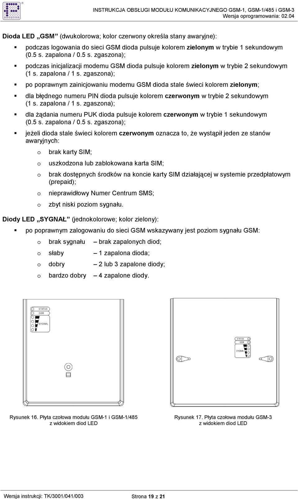 zgaszona); po poprawnym zainicjowaniu modemu GSM dioda stale świeci kolorem zielonym; dla błędnego numeru PIN dioda pulsuje kolorem czerwonym w trybie 2 sekundowym (1 s. zapalona / 1 s.