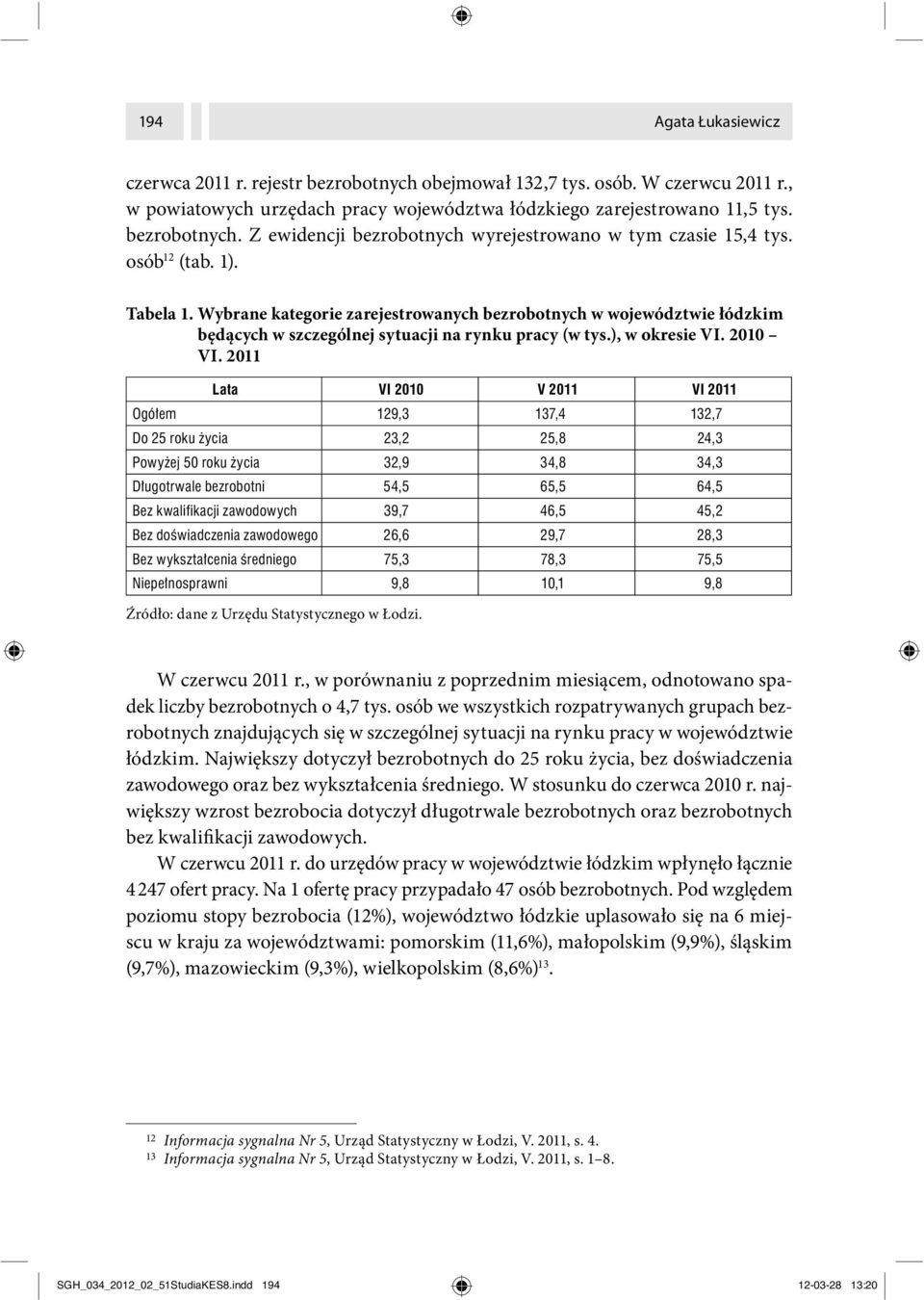 2011 Lata Źródło: dane z Urzędu Statystycznego w Łodzi. W czerwcu 2011 r., w porównaniu z poprzednim miesiącem, odnotowano spadek liczby bezrobotnych o 4,7 tys.