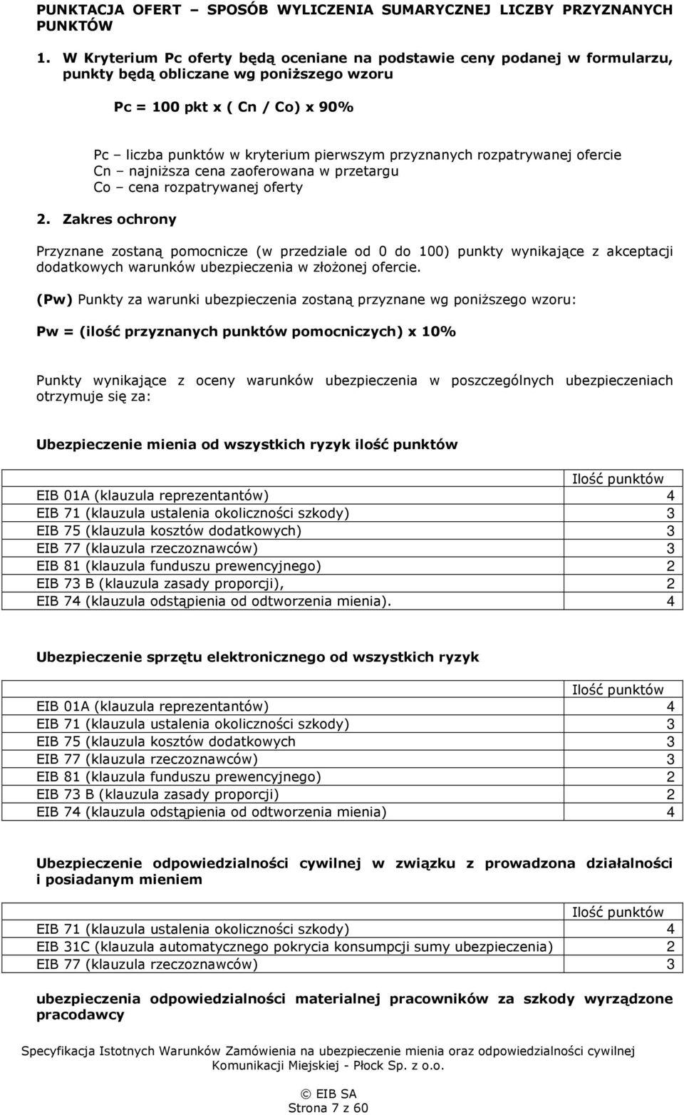 przyznanych rozpatrywanej ofercie Cn najniższa cena zaoferowana w przetargu Co cena rozpatrywanej oferty 2.