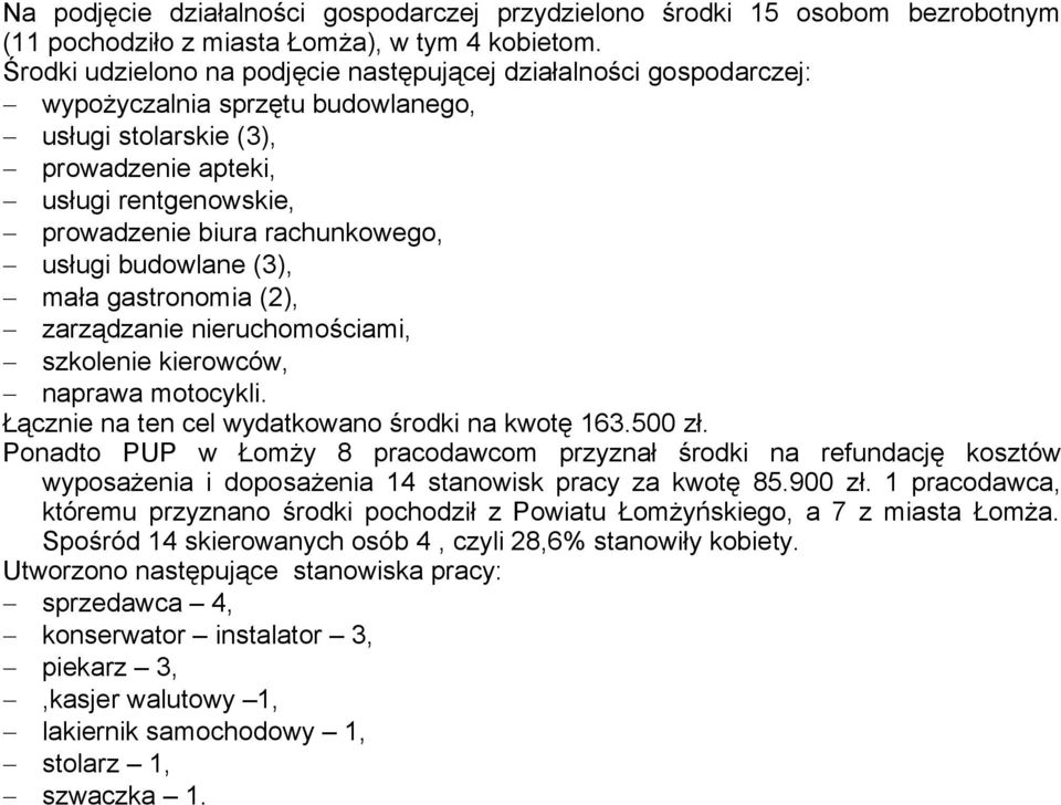 rachunkowego, usługi budowlane (3), mała gastronomia (2), zarządzanie nieruchomościami, szkolenie kierowców, naprawa motocykli. Łącznie na ten cel wydatkowano środki na kwotę 163.500 zł.