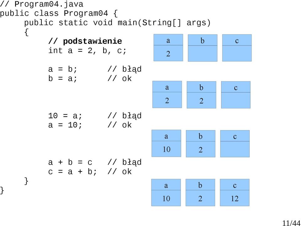 2, b, c; a 2 b a = b; b = a; // błąd // ok 10 = a; //