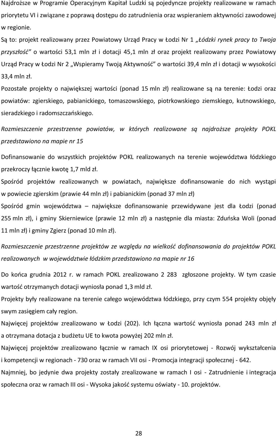 Są to: projekt realizowany przez Powiatowy Urząd Pracy w Łodzi Nr 1 Łódzki rynek pracy to Twoja przyszłośd o wartości 53,1 mln zł i dotacji 45,1 mln zł oraz projekt realizowany przez Powiatowy Urząd