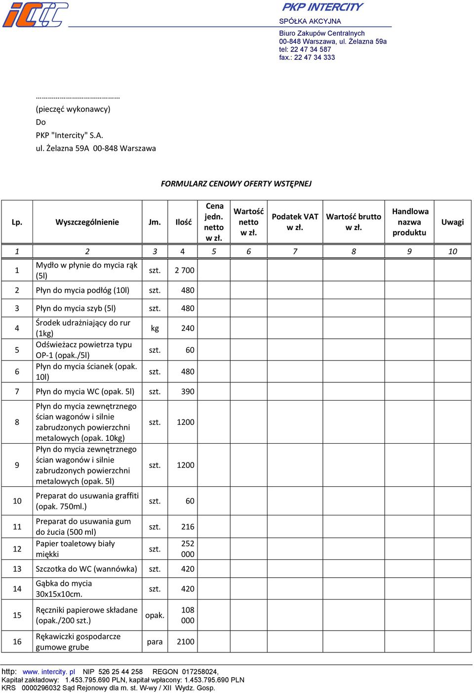 480 4 5 6 Środek udrażniający do rur (1kg) Odświeżacz powietrza typu OP-1 (opak./5l) Płyn do mycia ścianek (opak. 10l) kg 240 szt. 60 szt. 480 7 Płyn do mycia WC (opak. 5l) szt.