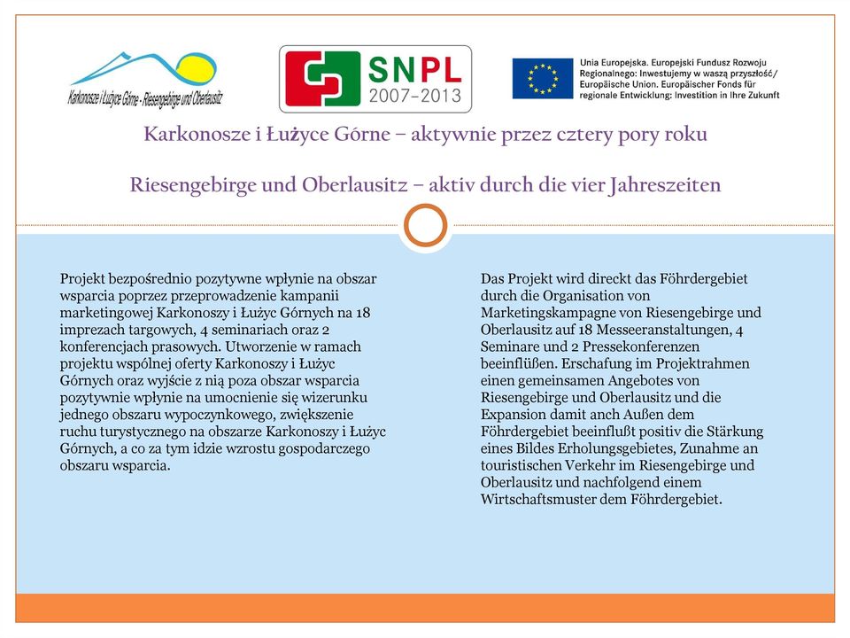 Utworzenie w ramach projektu wspólnej oferty Karkonoszy i Łużyc Górnych oraz wyjście z nią poza obszar wsparcia pozytywnie wpłynie na umocnienie się wizerunku jednego obszaru wypoczynkowego,